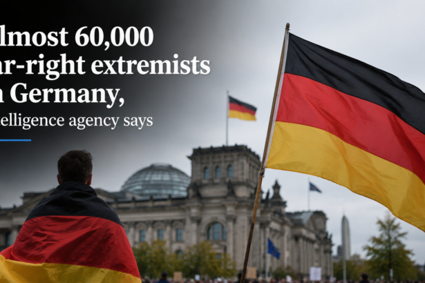 An illustration of the political climate in Germany, featuring symbols of democracy and domestic intelligence security oversight.