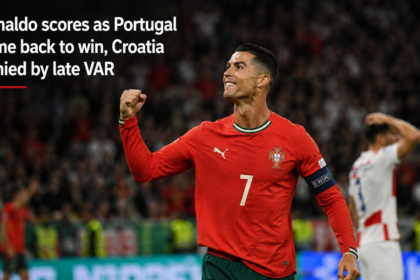 Cristiano Ronaldo celebrating his penalty goal during Portugal's match against Croatia.